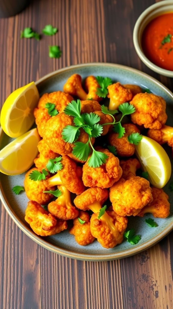 Crispy Gobi 65 with golden cauliflower florets, garnished with coriander and served with lemon and dipping sauce.